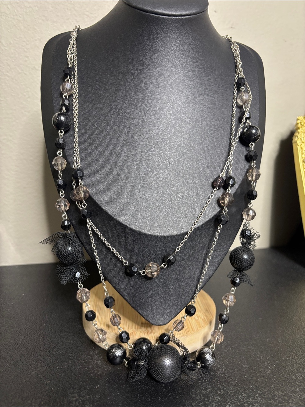 Whimsygoth Emo Net Wrapped Elegant Black Beaded Layered Necklace